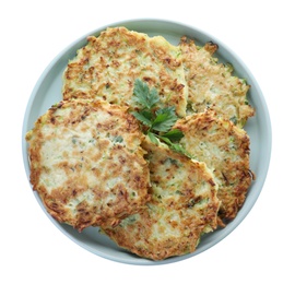 Photo of Delicious zucchini fritters in plate on white background, top view