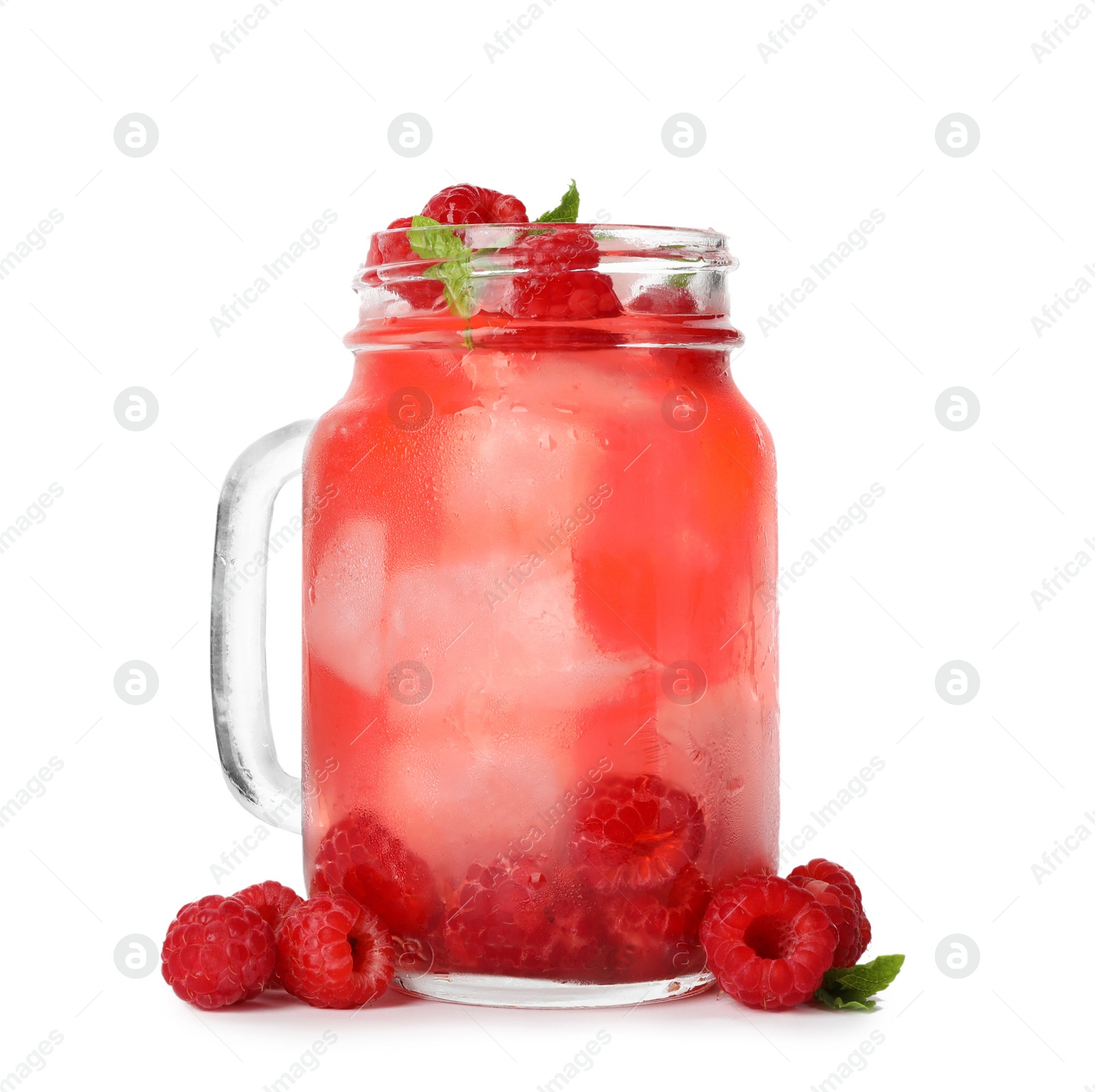 Photo of Mason jar of raspberry refreshing drink on white background