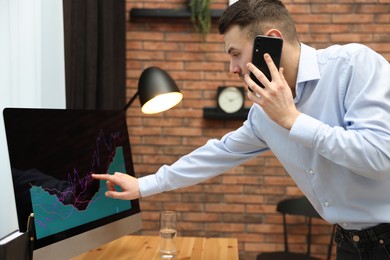 Photo of Forex trader talking on phone while working in office