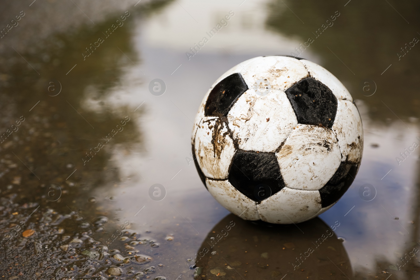 Photo of Dirty soccer ball near puddle outdoors, space for text