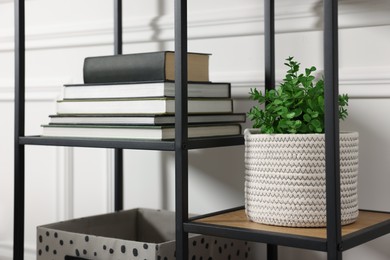 Photo of Potted artificial plant and books on shelving unit indoors