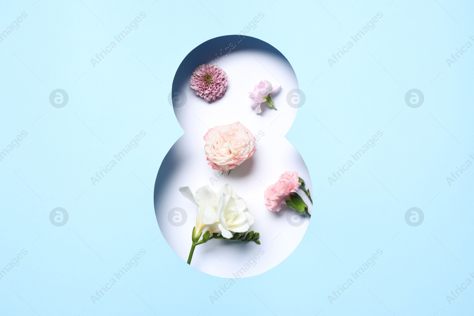 Photo of 8 March greeting card design with different flowers, top view. Happy International Women's Day