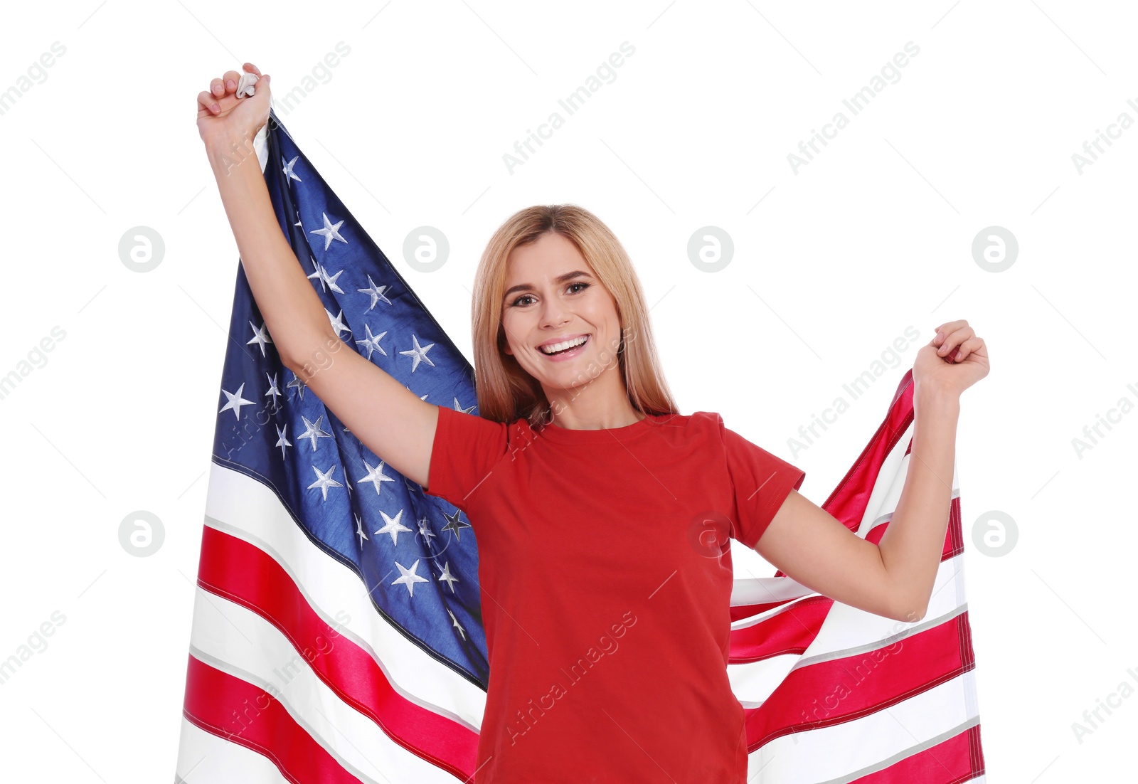 Photo of Portrait of woman with American flag on white background