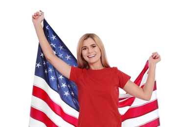 Photo of Portrait of woman with American flag on white background