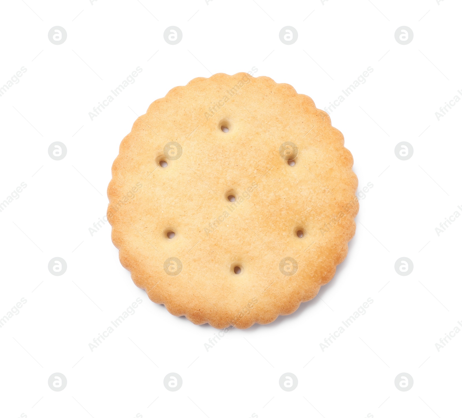 Photo of One crispy cracker isolated on white, top view. Delicious snack