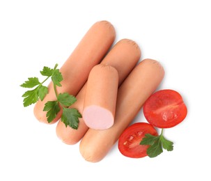 Photo of Delicious boiled sausages, tomatoes and parsley on white background, top view