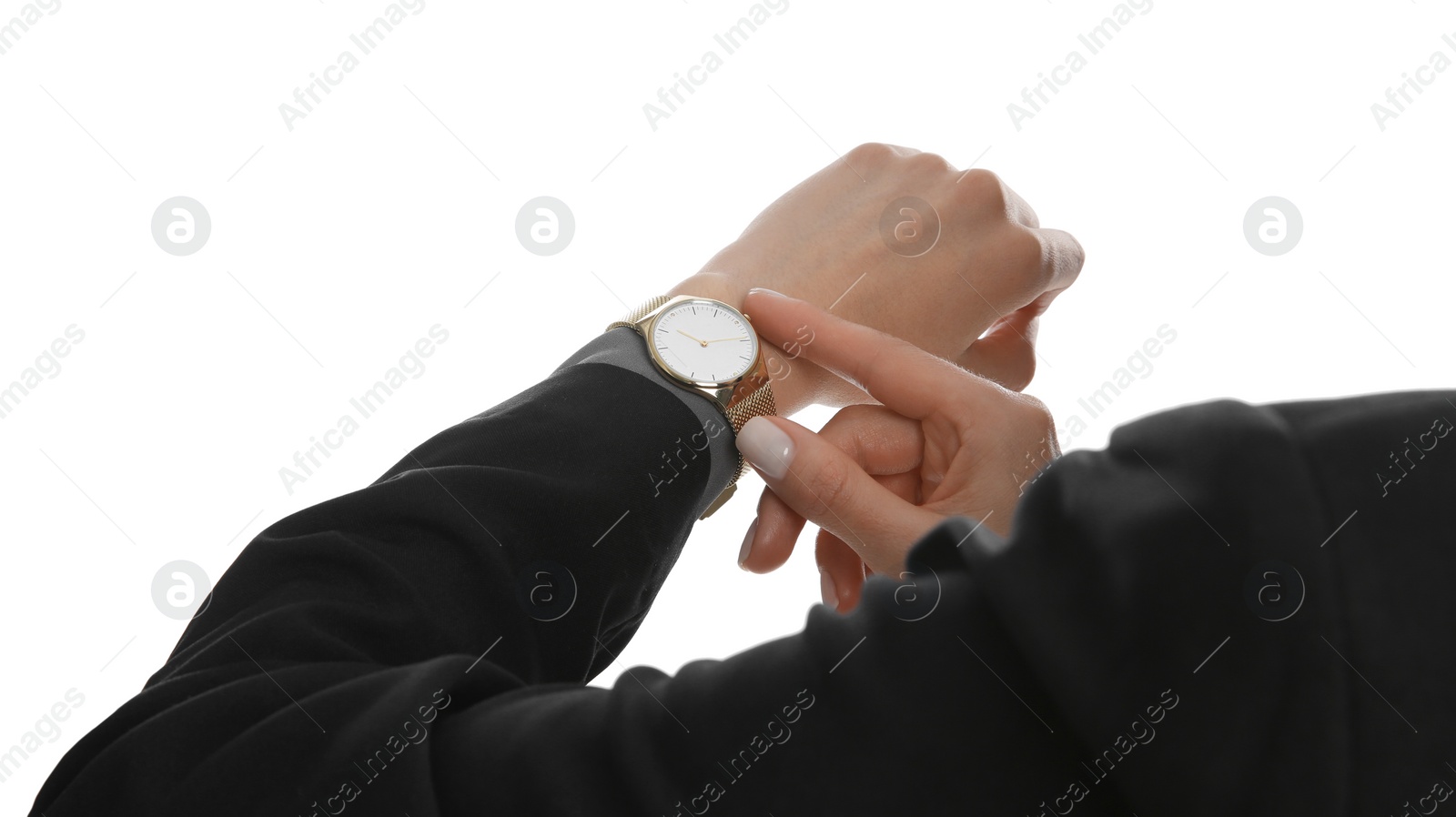 Photo of Businesswoman with wristwatch on white background, closeup. Time management