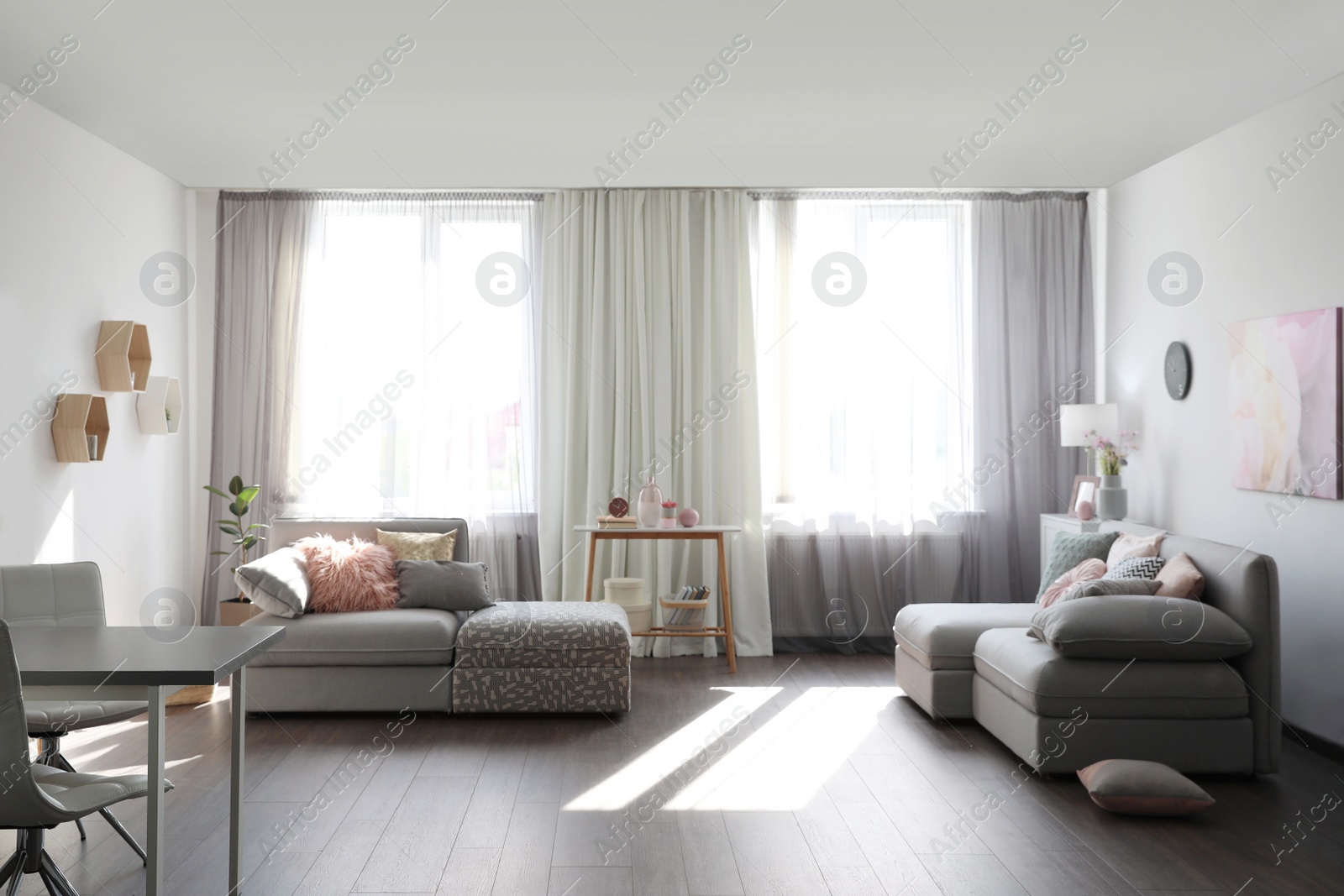 Photo of Elegant living room with comfortable sofas near windows. Interior design