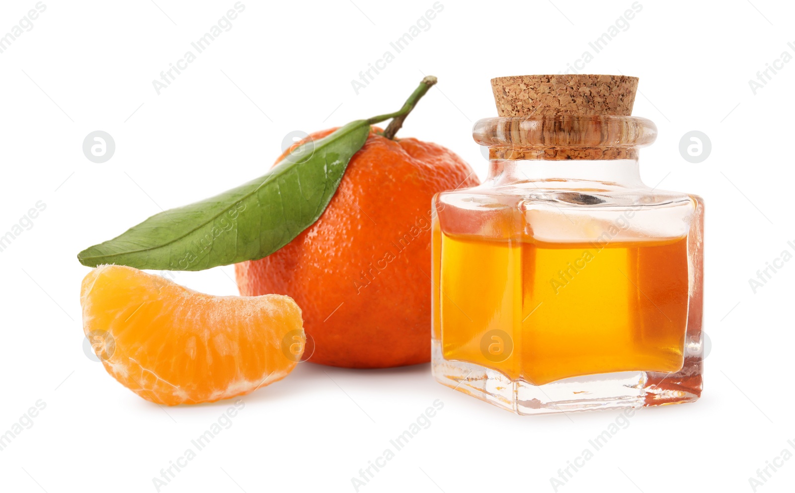 Photo of Aromatic tangerine essential oil in bottle and citrus fruit isolated on white