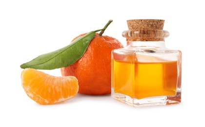 Aromatic tangerine essential oil in bottle and citrus fruit isolated on white