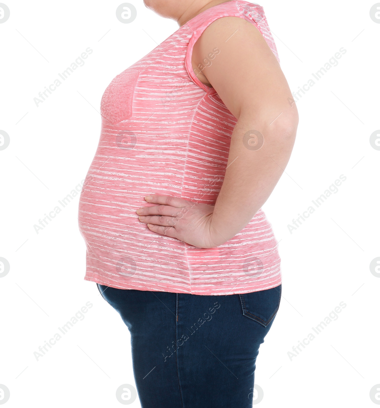 Photo of Overweight woman on white background, closeup. Weight loss