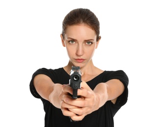 Female security guard in uniform with gun on white background