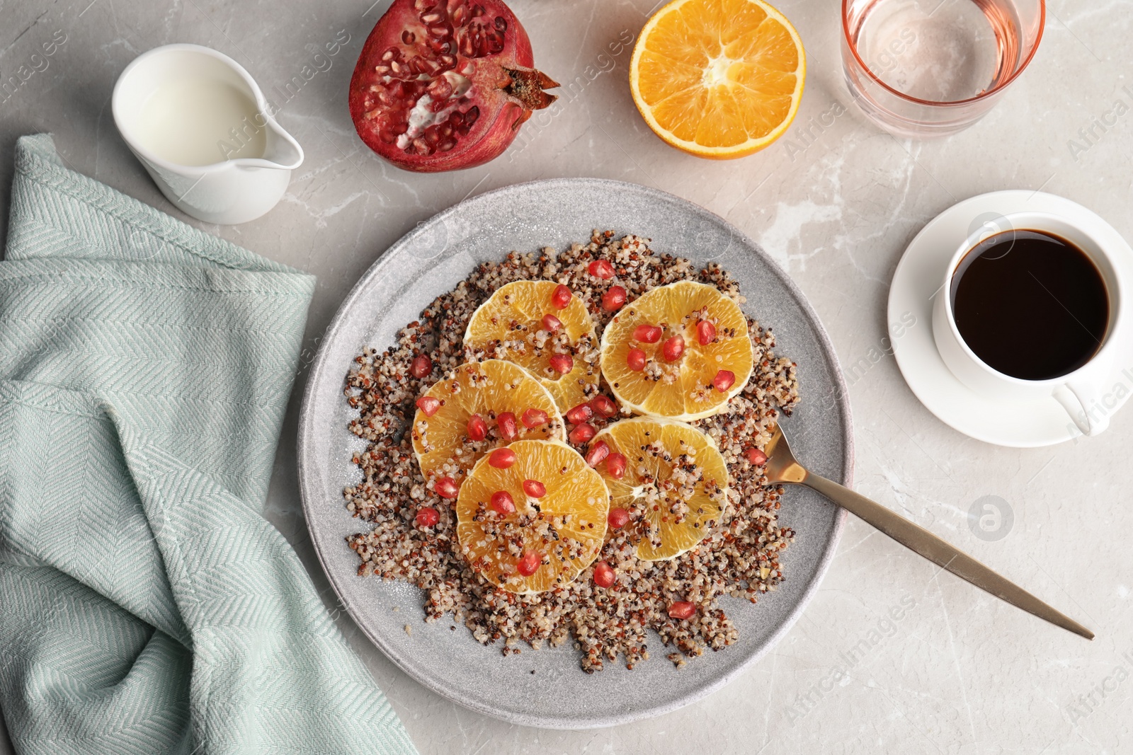 Photo of Flat lay composition with quinoa porridge served for breakfast coffee on table