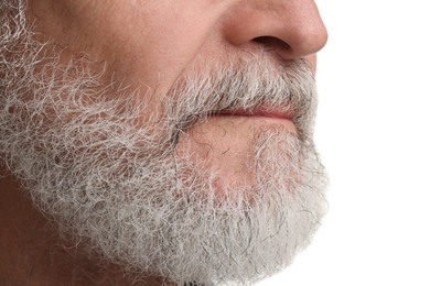 Man with mustache on white background, closeup