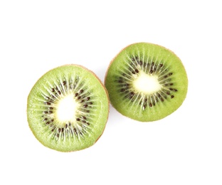 Photo of Halves of fresh kiwi on white background, top view