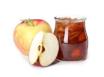 Tasty apple jam in glass jar and fresh fruits on white background