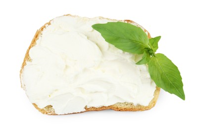 Photo of Bread with cream cheese and basil leaves isolated on white, top view