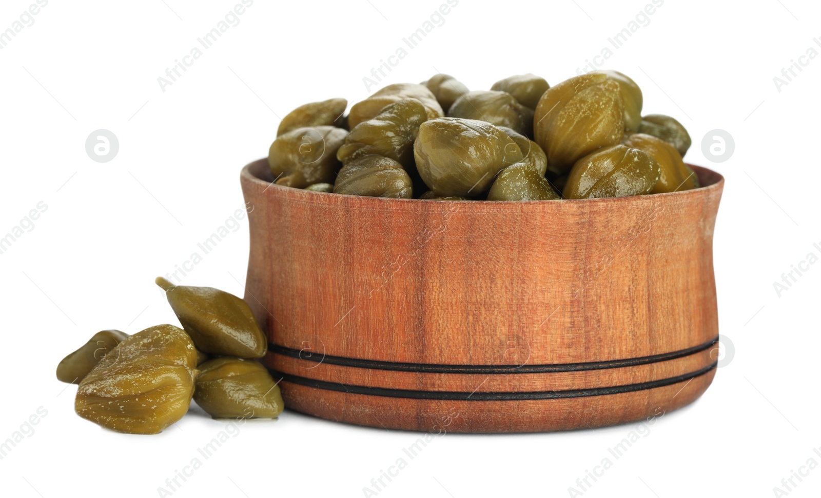 Photo of Capers and wooden bowl isolated on white