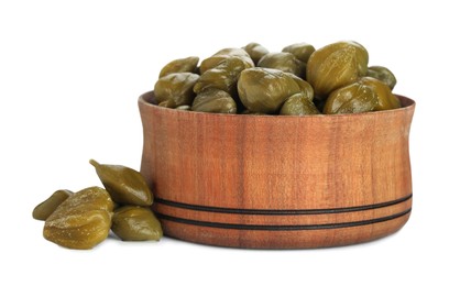 Capers and wooden bowl isolated on white