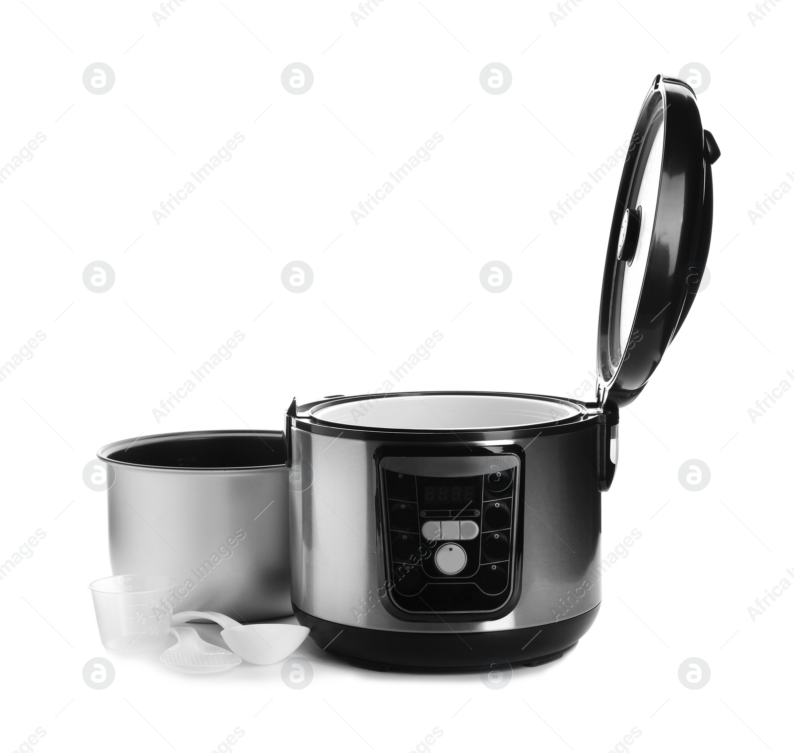 Photo of Disassembled electric multi cooker with accessories on white background