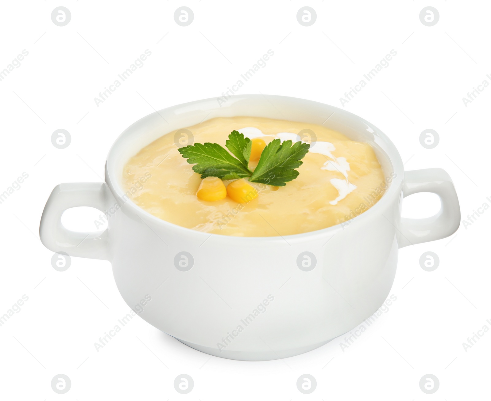 Photo of Delicious corn cream soup isolated on white