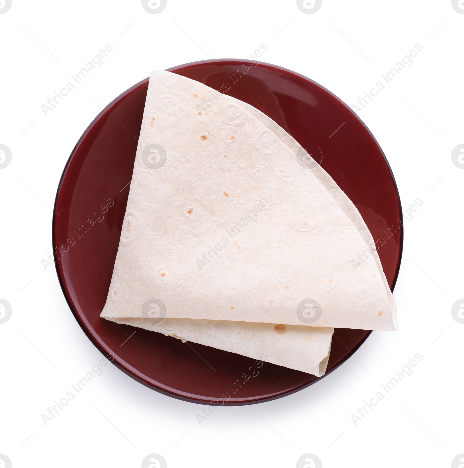 Photo of Plate with delicious Armenian lavash on white background, top view