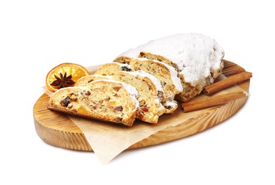 Photo of Traditional Christmas Stollen with icing sugar on white background