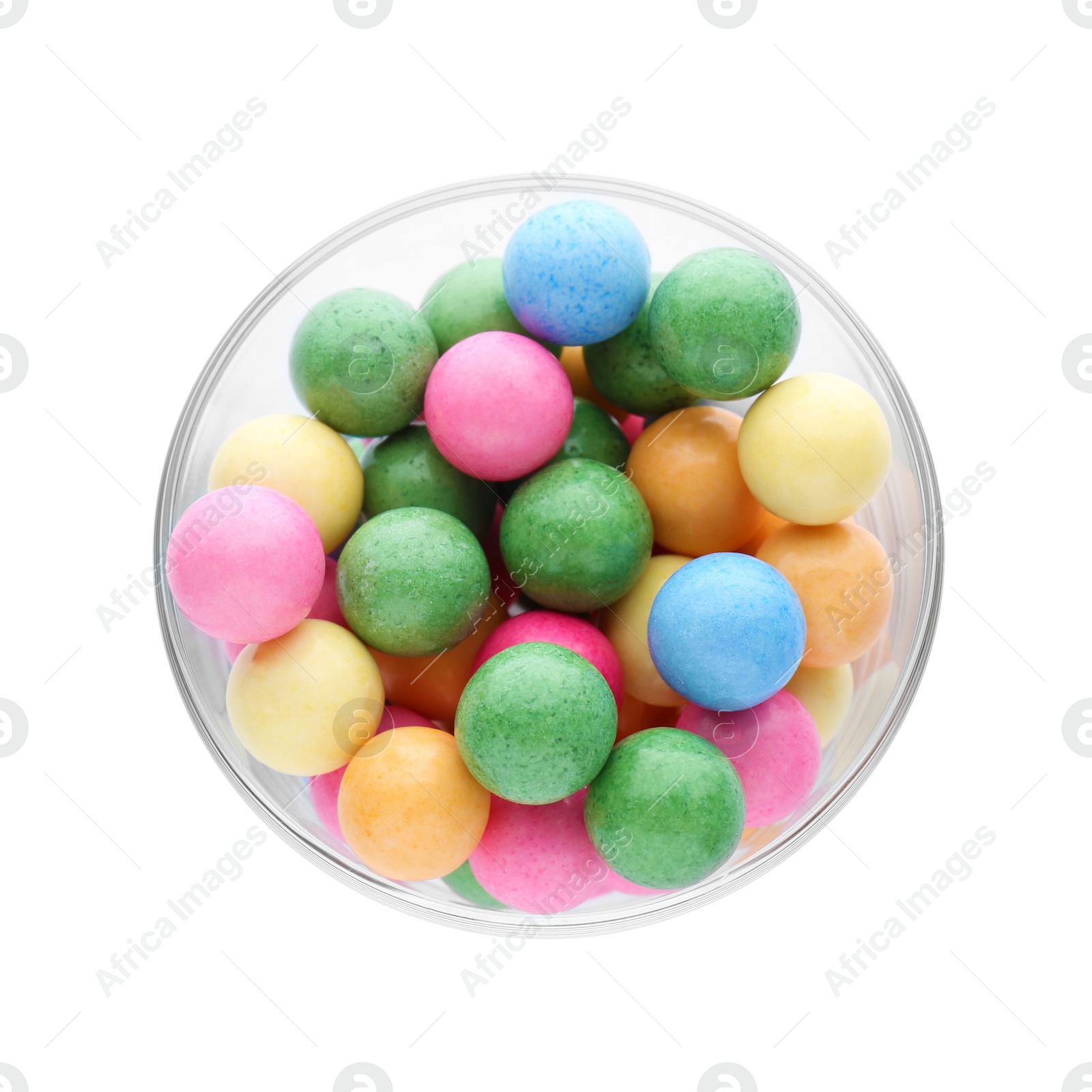 Photo of Bowl with many bright gumballs isolated on white, top view