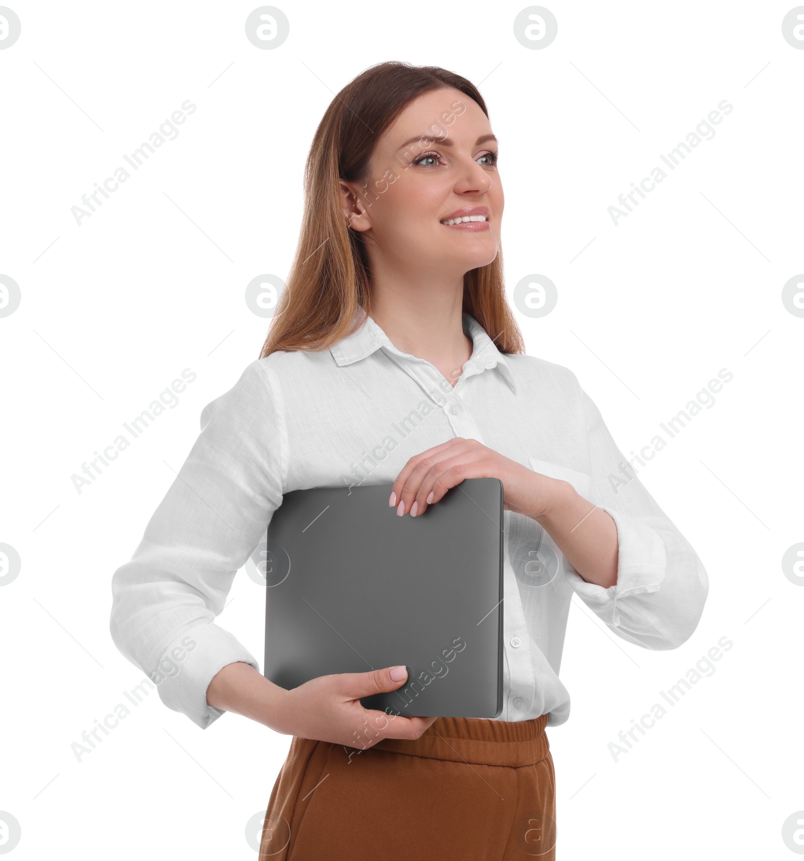 Photo of Beautiful businesswoman with laptop on white background