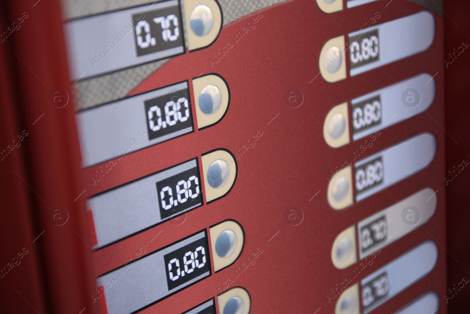 Image of Coffee vending machine, closeup. Menu with different drinks and buttons