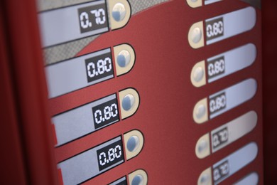 Image of Coffee vending machine, closeup. Menu with different drinks and buttons