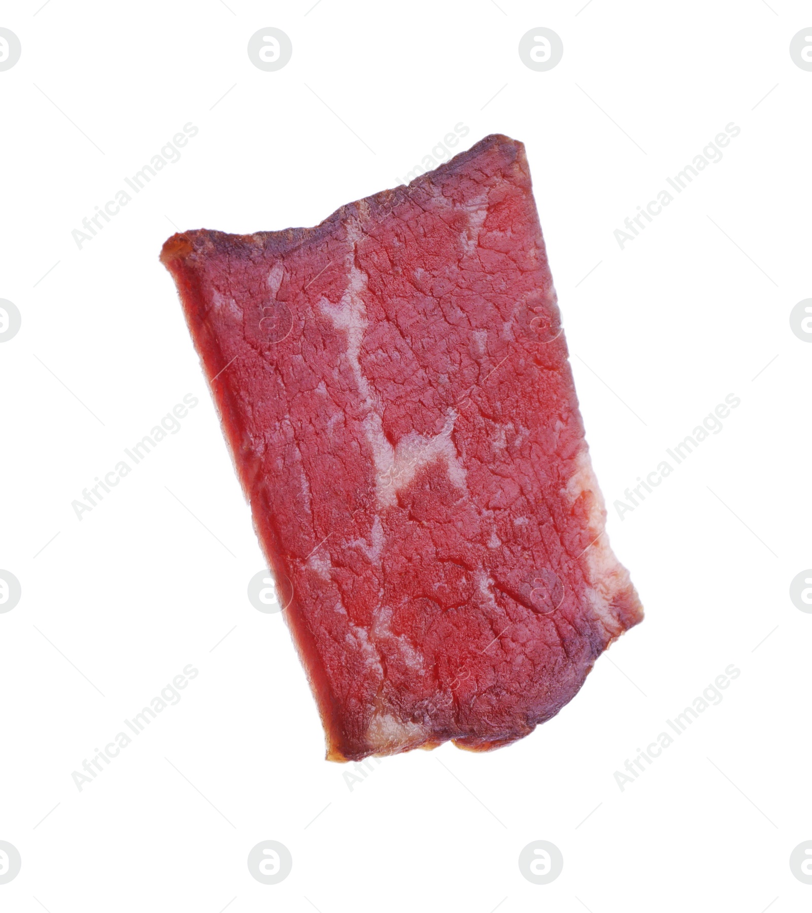 Photo of Piece of delicious beef jerky isolated on white