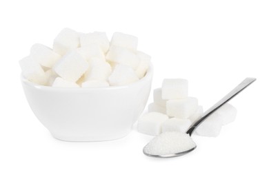 Photo of Ceramic bowl and spoon with refined sugar cubes on white background