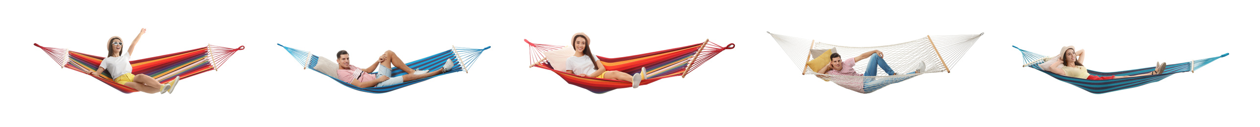 Collage with people resting in different hammocks on white background. Banner design