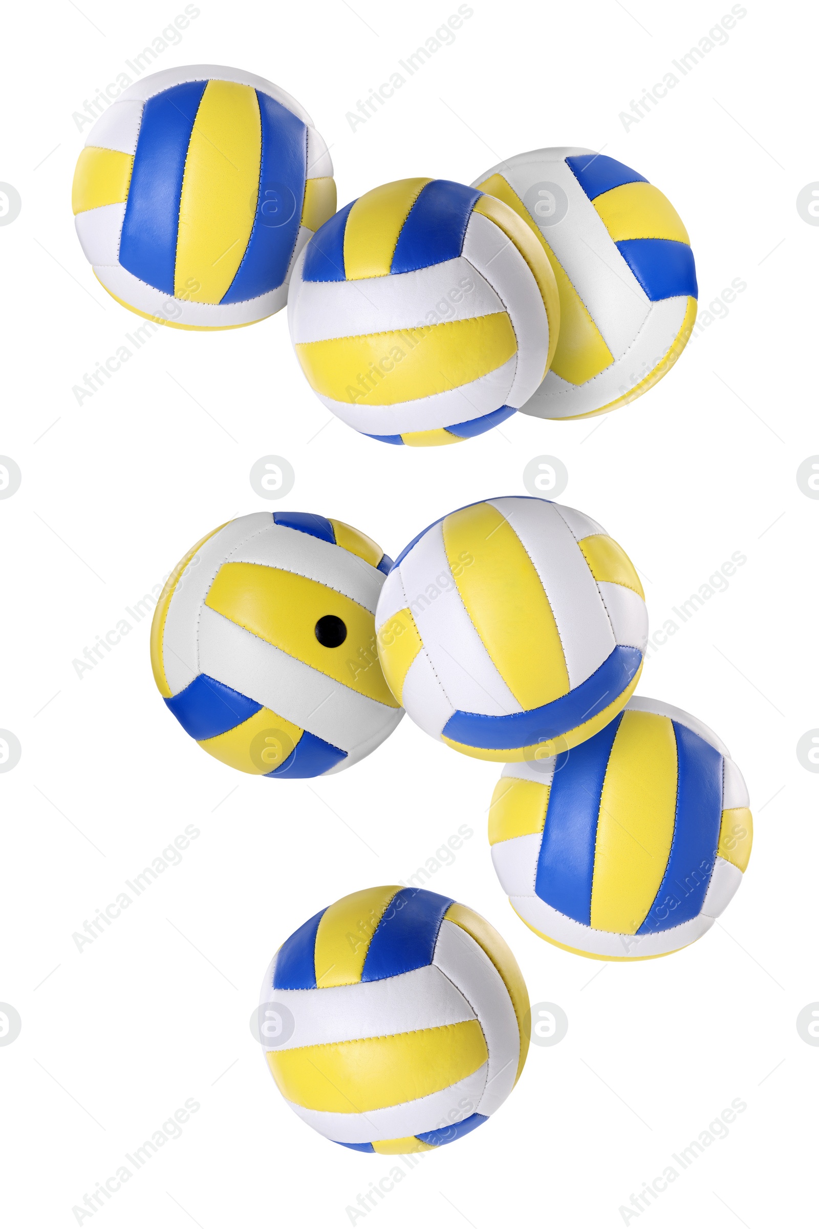 Image of Many volleyball balls flying on white background