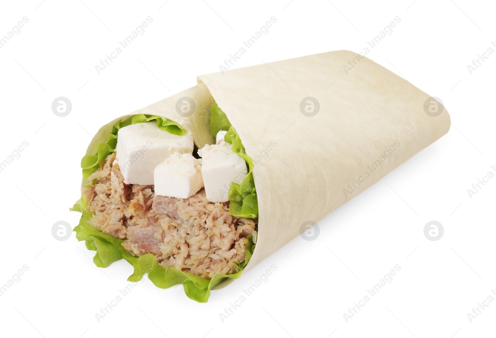 Photo of Delicious tortilla wrap with tuna isolated on white