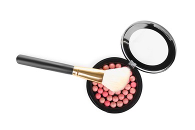Photo of Luxury blusher with brush isolated on white, top view. Makeup product