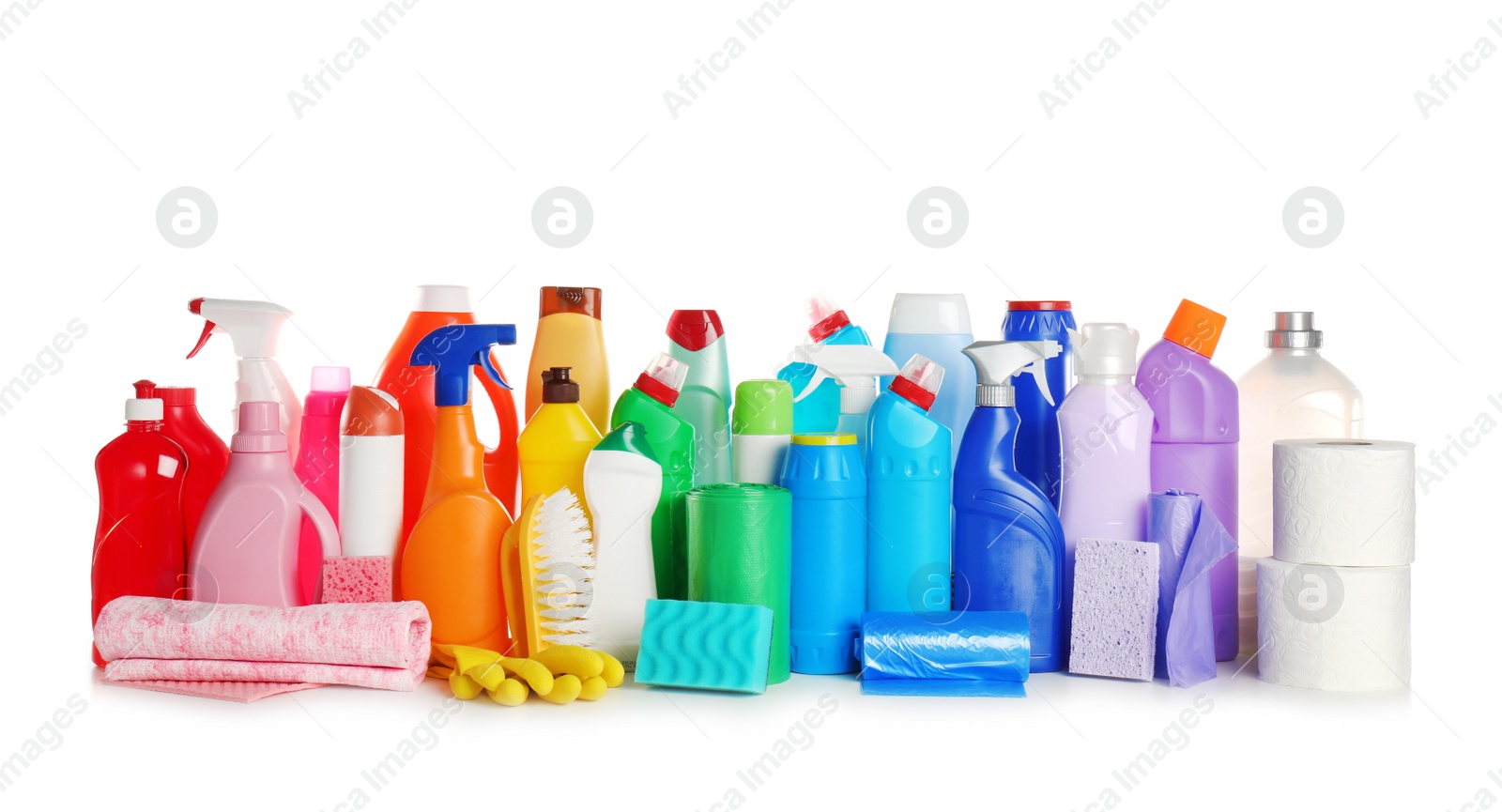 Photo of Set of cleaning supplies on white background