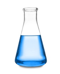 Image of Conical flask with blue liquid isolated on white. Laboratory glassware