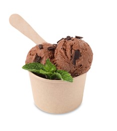 Photo of Paper cup with tasty chocolate ice cream, stick and mint leaves isolated on white