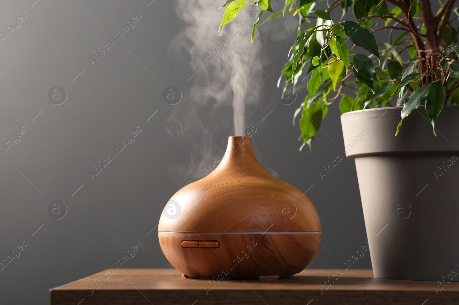 Photo of Air humidifier near houseplant on wooden table against grey wall. Space for text