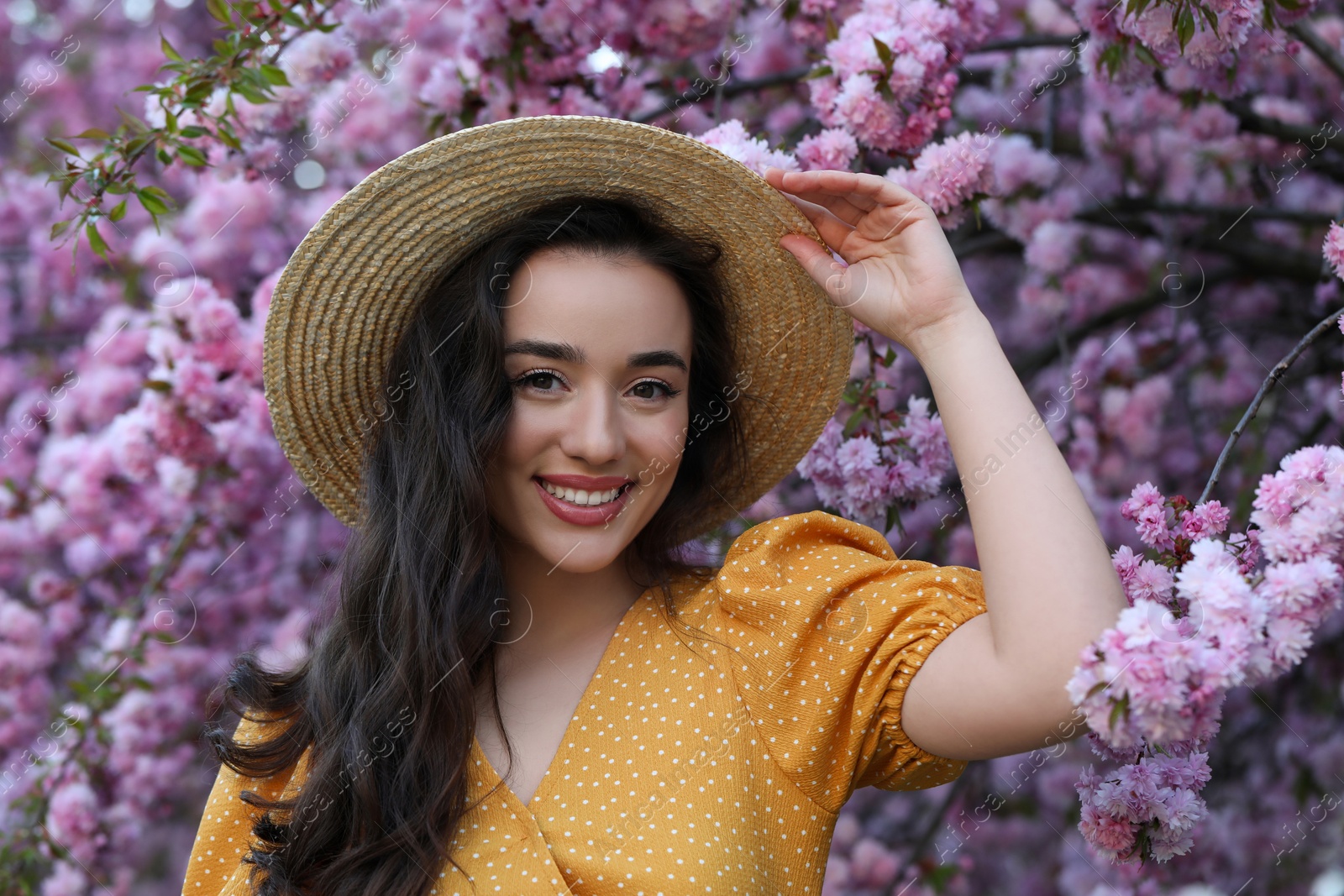 Photo of Beautiful woman near blossoming sakura tree on spring day