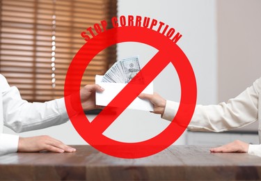 Image of Stop corruption. Illustration of red prohibition sign and woman giving bribe money to man at table indoors, closeup