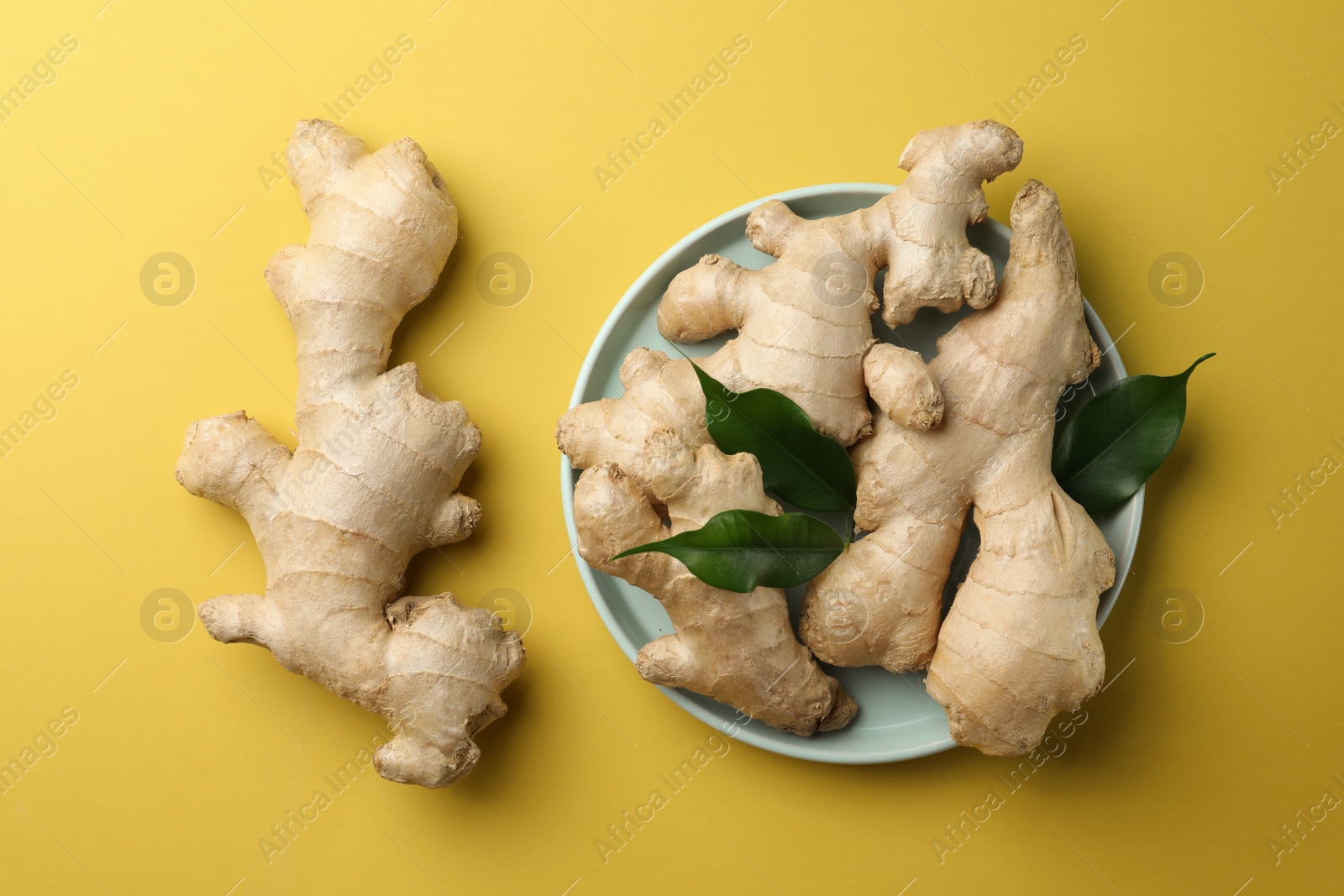 Photo of Fresh ginger with green leaves on pale light yellow background, flat lay