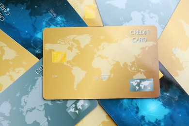 Many credit cards as background, top view