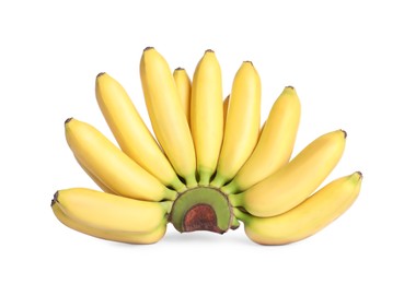 Photo of Bunch of ripe mini bananas on white background. Exotic fruit