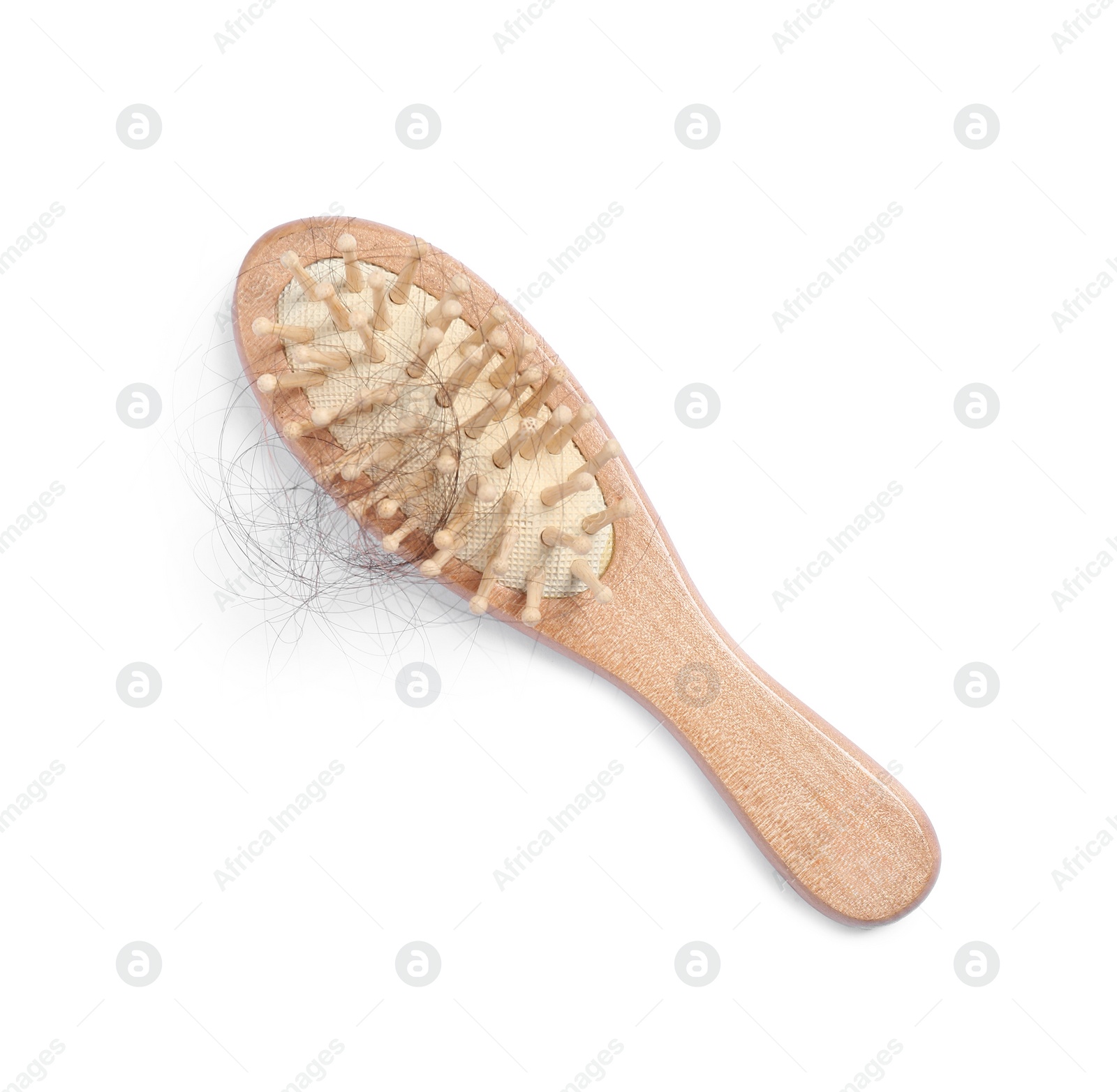 Photo of Brush with lost hair isolated on white, top view