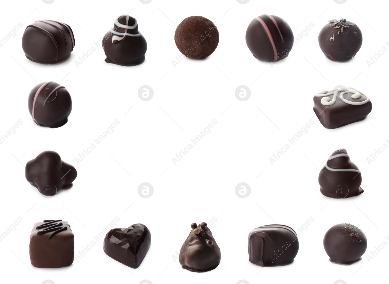 Image of Set with different chocolate candies on white background, space for text