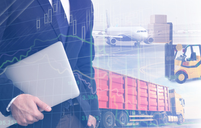 Image of Multiple exposure of businessman with laptop and different transports. Logistics