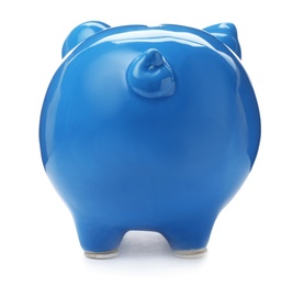 Photo of Blue piggy bank on white background. Money saving